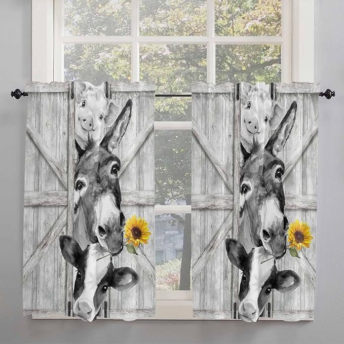 Grey Farmhouse Kitchen Curtains 54 Inches Length, Vintage Sunflowers Animals - Image 2