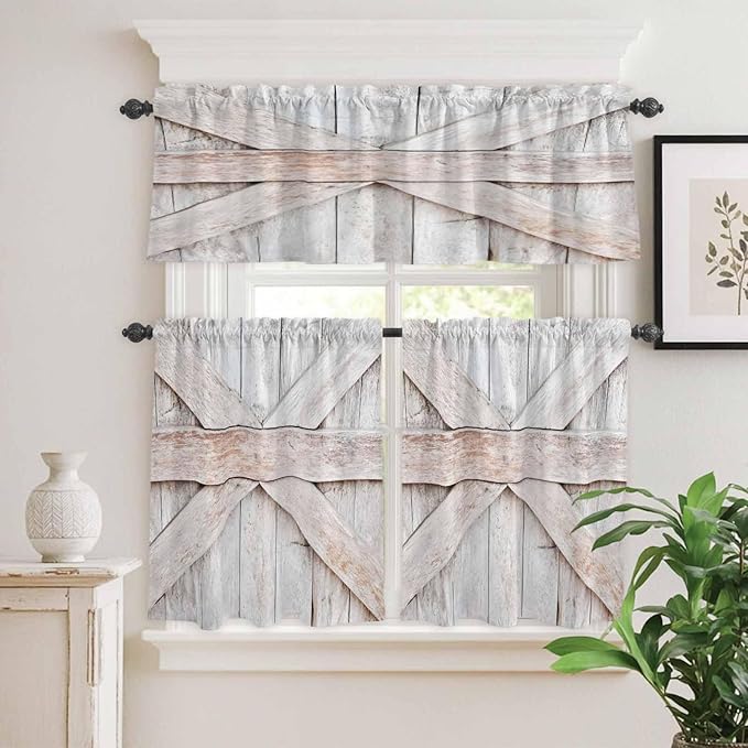 Kitchen Window Curtains Valance and Tier Set, Farmhouse Retro Wooden Barn Rod - Image 5