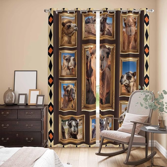 2 Panel Kitchen Cafe Curtains, Wildlife Camels Sunlight Filtering Nature Air - Image 3