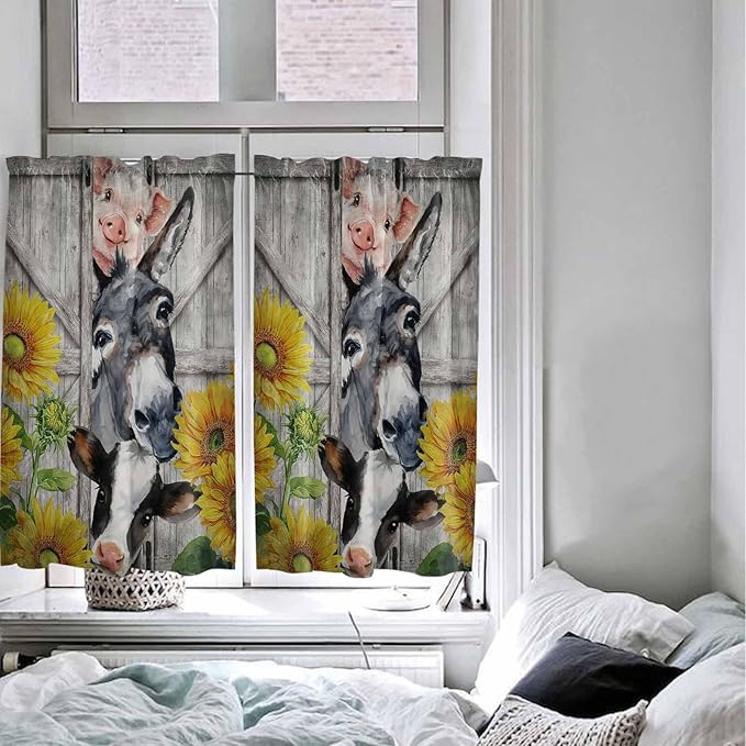 Farmhouse Kitchen Curtains 54 Inches Length, Vintage Sunflowers Animals Printed - Image 5