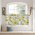 Yellow Daisy Tier Curtains, Farmhouse Country Flower Leaf Plant Wood Grain - Image 3
