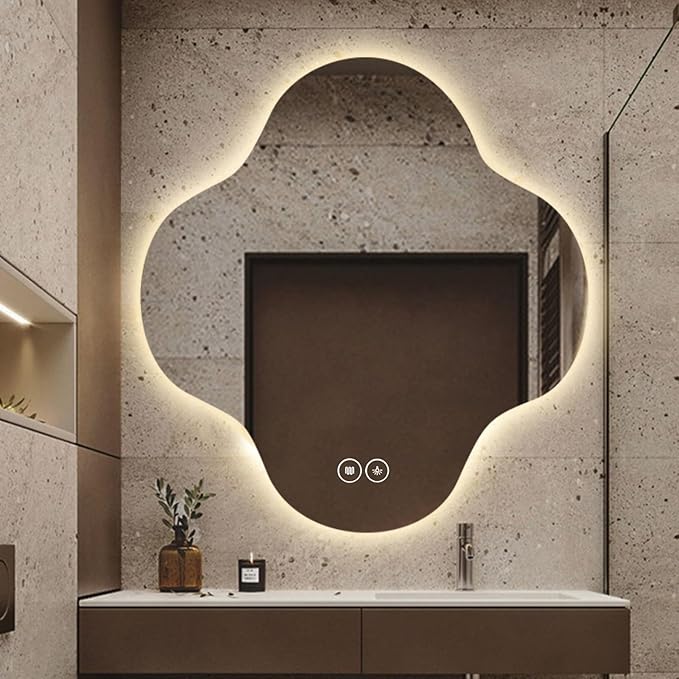 Irregular Bathroom Mirror with LED Light, Wall Mounted Mirror with Demister Pad by YUGXTH