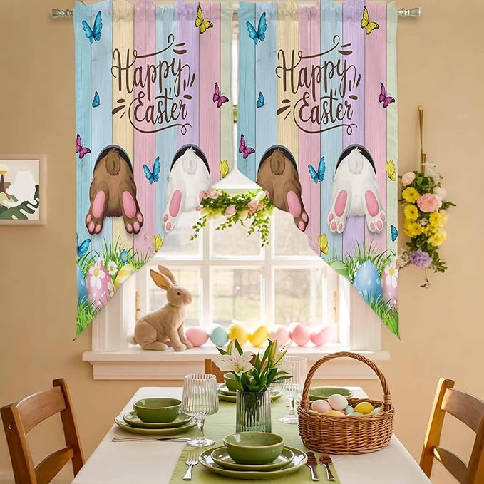 Swag Curtain Valances for Kitchen Windows, Happy Easter Rabbit Butt Egg on - Image 3