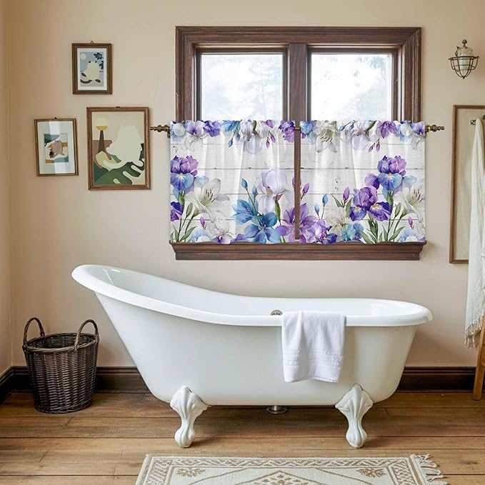 Spring Flowers Tier Curtains, Watercolor Garden Florals Wooden Grain Light - Image 5