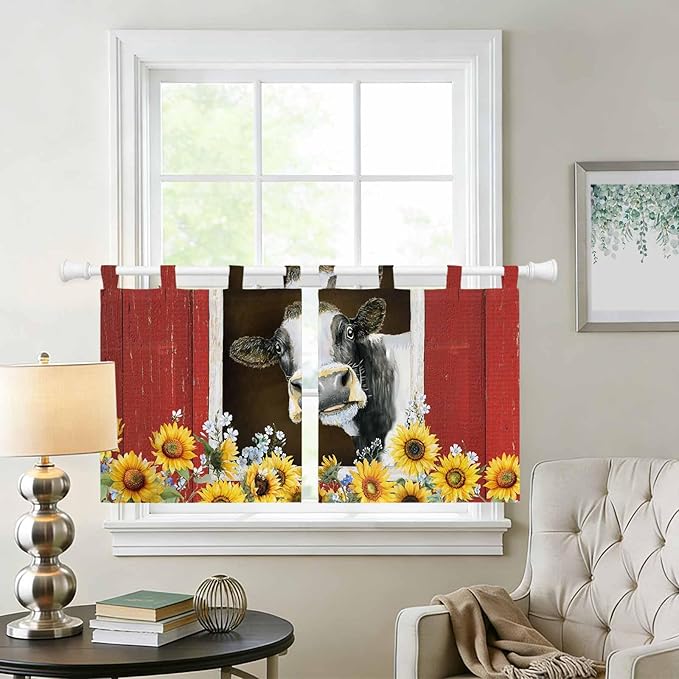 Cows Sunflowers Kitchen Curtains 36 Inch Length, Small Window Curtains Tab Top - Image 2