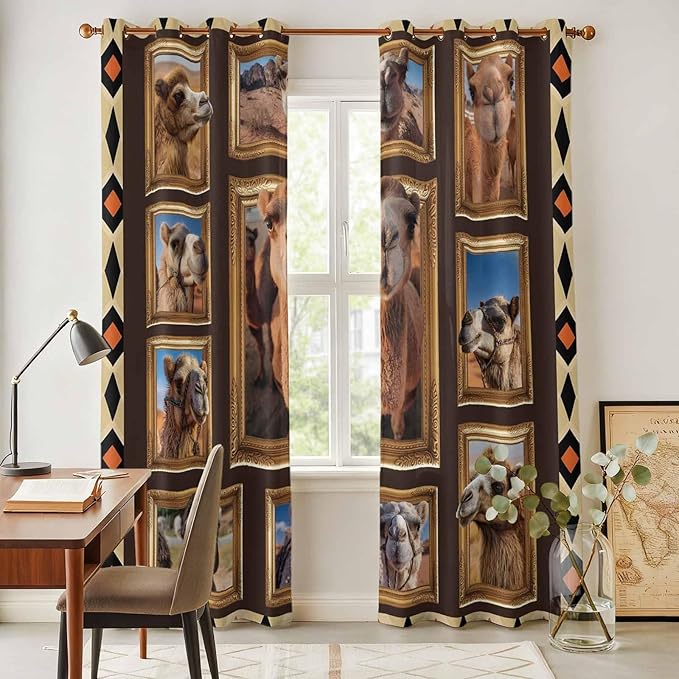 2 Panel Kitchen Cafe Curtains, Wildlife Camels Sunlight Filtering Nature Air - Image 4