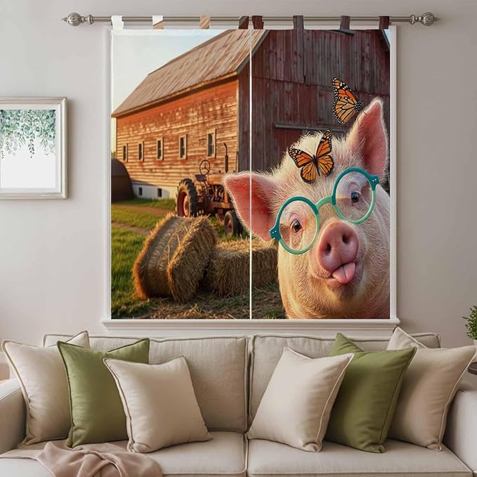 Farm Pig Bathroom Curtains 63 Inch Length, Window Curtains Tab Top, Farmhouse - Image 9