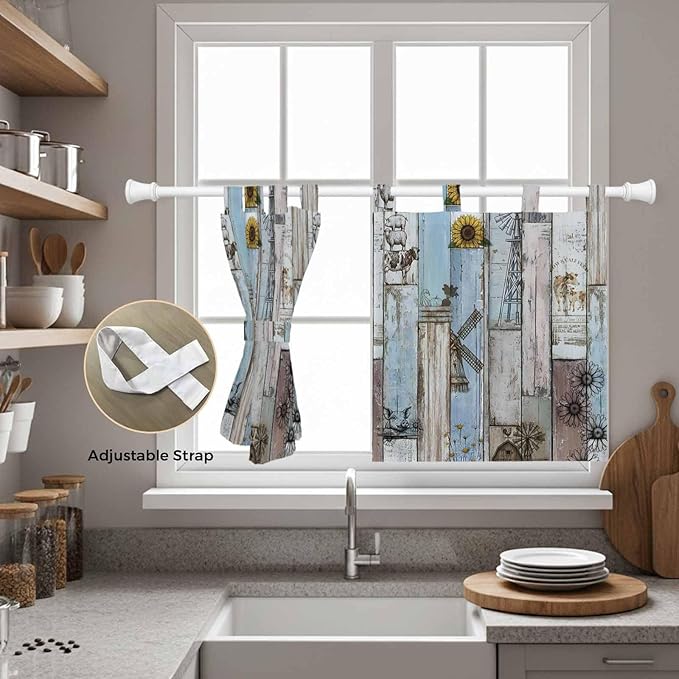 Blue Grey Wooden Kitchen Curtains 24 Inch Length, Small Window Curtains Tab Top - Image 5