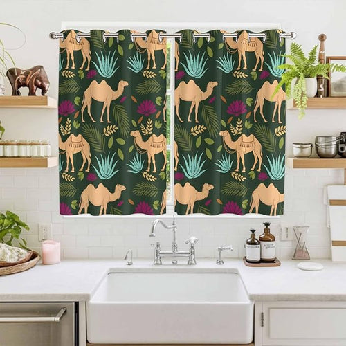 2 Panel Kitchen Cafe Curtains, Retro Desert Camel Sunlight Filtering Nature Air - Image 2
