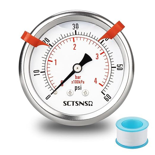 0 to 60 Psi Pressure Gauge, Glycerin Liquid Filled, 2.5 inch Dial, 1/4" NPT by SCTSNSR