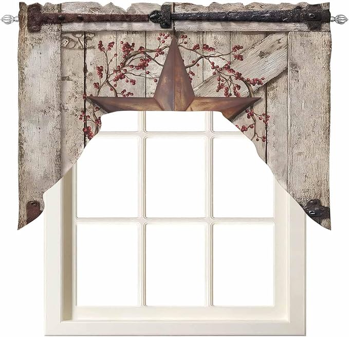Country Star Swag Kitchen Curtains Valance and Tier Set, VintageRust Yellow - Image 6