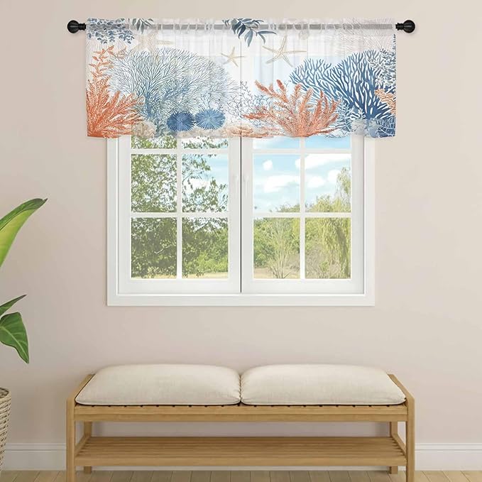 Ocean Corals Sheer Valance Curtains, Summer Beach Coral Sea Stars Light - Image 4