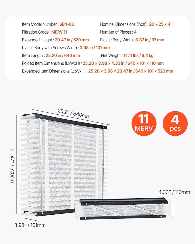 VEVOR 20x25x4 Furnace Air Filter, MERV 11 Pleated HVAC AC Replacement, - Image 7