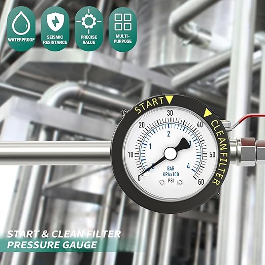 0-60PSI Stainless Steel Pool Filter Pressure Gauge, 1/4" NPT Back Mount - Image 6