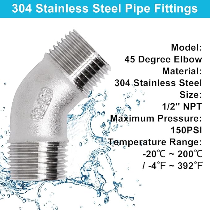 45 Degree Elbow 2PCS, 1/2" NPT Male X 1/2" NPT Male 304 Stainless Steel Pipe - Image 4