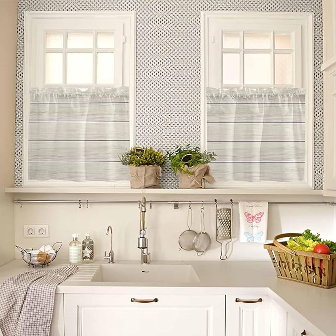 Vintage Country Wooden Board Window Valance Curtains, Gradient Wood Grain Line - Image 3