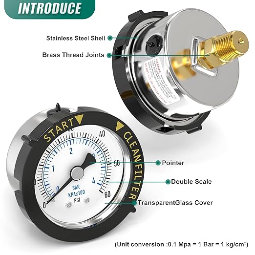 0-60PSI Stainless Steel Pool Filter Pressure Gauge, 1/4" NPT Back Mount - Image 4