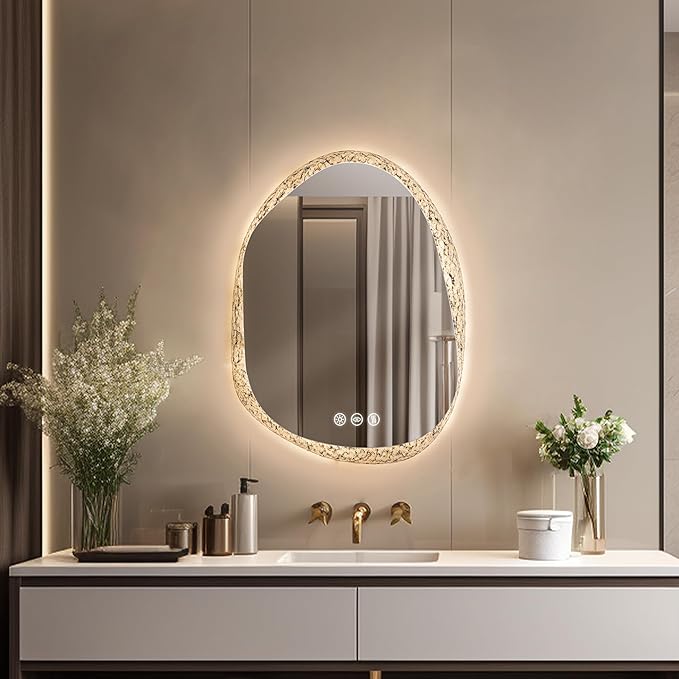 LUVODI Lighted LED Bathroom Mirror: 28”x20”Irregular Stone Pattern Frosted Wall - Image 9