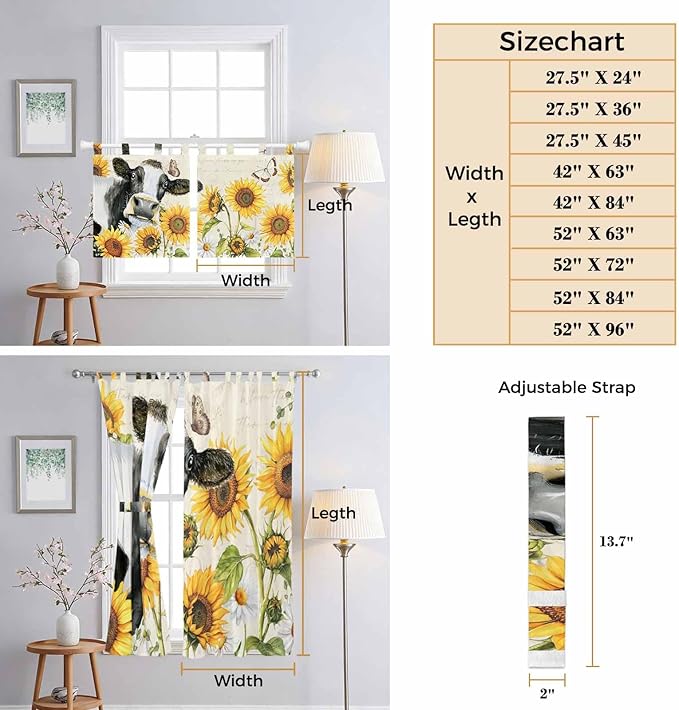 Yellow Sunflowers Bathroom Curtains 63 Inch Length, Window Curtains Tab Top - Image 8