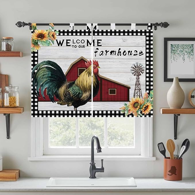 Farmhouse Rooster Bedroom Curtains 63 Inch Length, Window Curtains Tab Top - Image 3