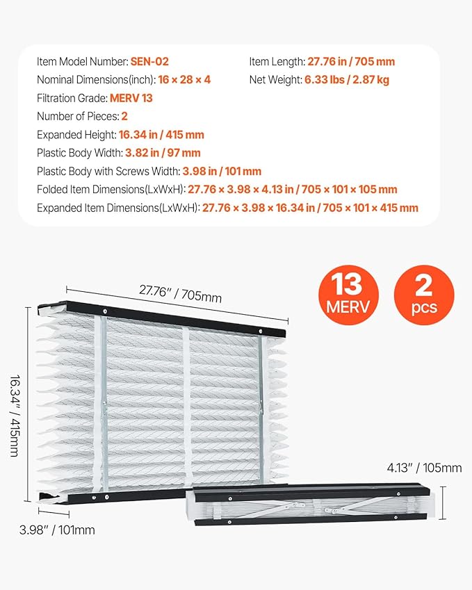 VEVOR 16x28x4 Furnace Air Filter, MERV 13 Pleated HVAC AC Replacement, - Image 7