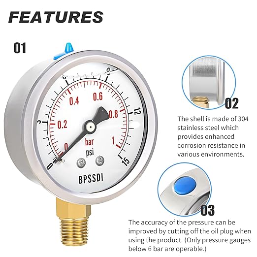 0-15 Psi Glycerin Liquid Filled Low Pressure Gauge, 2.5" Dial Size, 1/4" NPT - Image 4