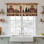 Brown Farmhouse Tier Curtains, Vintage Country Animals Wooden Grain Light - Image 2