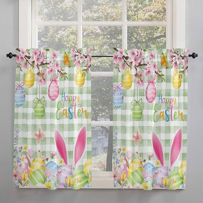 Happy Easter Kitchen Curtains 45 Inches length, Spring Bunny Eggs Flower Sage - Image 2