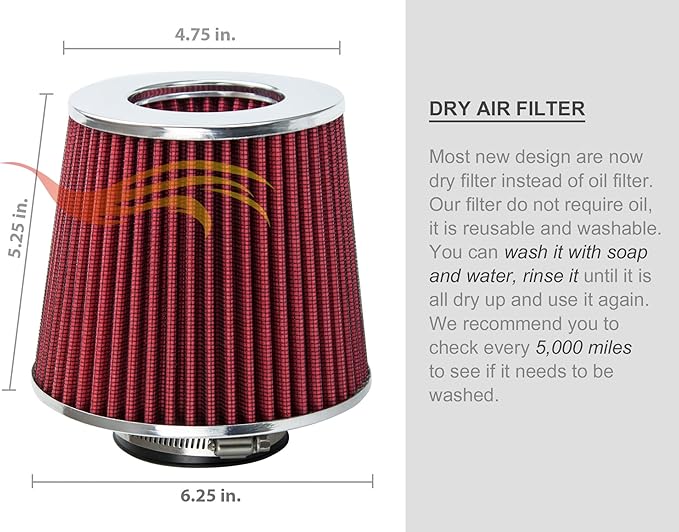 Rtunes Racing Universal Clamp-On Air Filter, Standard Cone, Dry Washable Design - Image 9