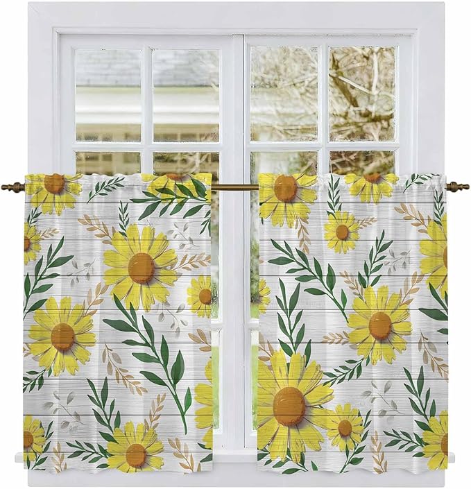 Yellow Daisy Kitchen Curtains, Farmhouse Country Flower Leaf Plant Wood Grain - Image 2