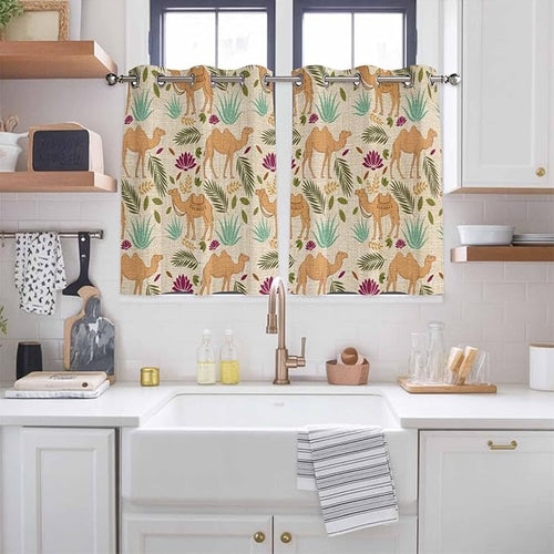 2 Panel Kitchen Cafe Curtains, Desert Camels Sunlight Filtering Nature Air - Image 2