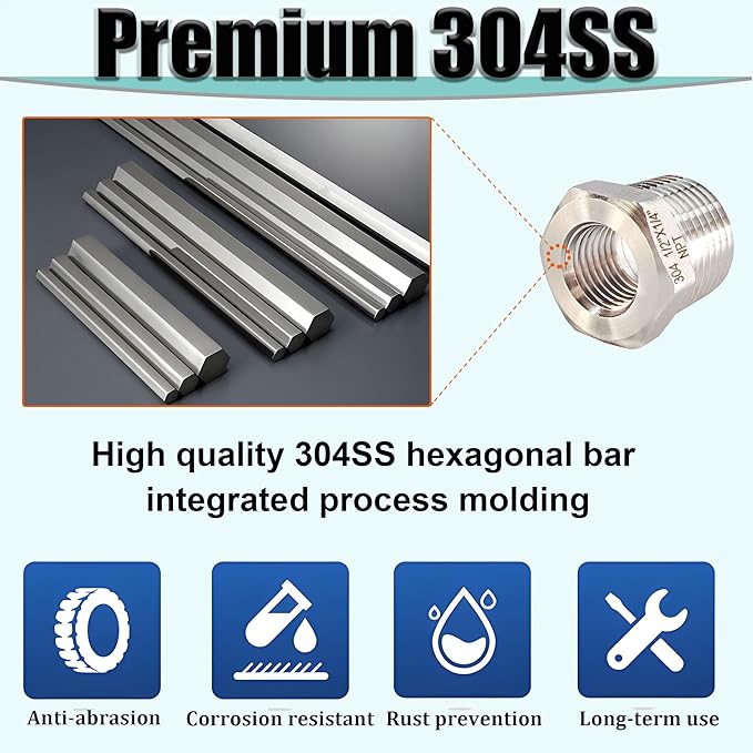 1/2" NPT Male to 1/4" NPT Female Hex Bushing Reducer, 304 Stainless Steel NPT - Image 2