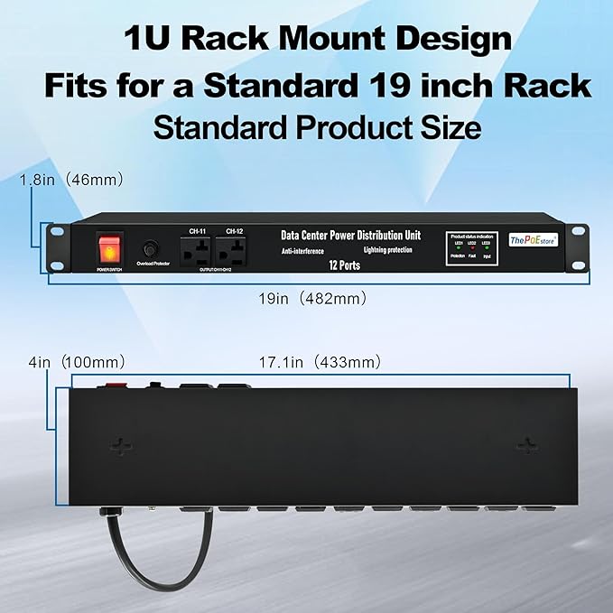 1U PDU Network Servers Surge Protector Power Distribution Unit 12-Outlet - Image 5