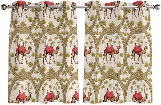 2 Panel Kitchen Cafe Curtains, Camels Palm Trees Sunlight Filtering Nature Air by Hokiten
