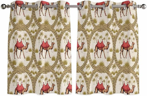 2 Panel Kitchen Cafe Curtains, Camels Palm Trees Sunlight Filtering Nature Air by Hokiten