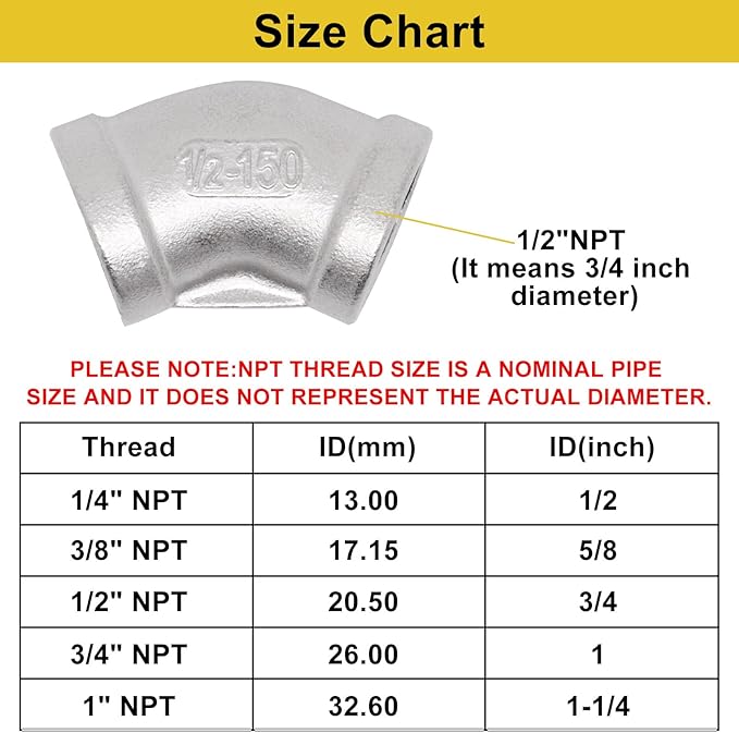 45 Degree Elbow 2PCS, 1/2" NPT Female x 1/2" NPT Female 304 Stainless Steel - Image 2