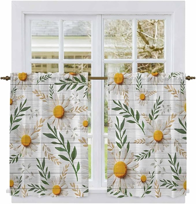 Spring Daisy Kitchen Curtains, Farmhouse Country Flower Leaf Plant Wood Grain by Unknown