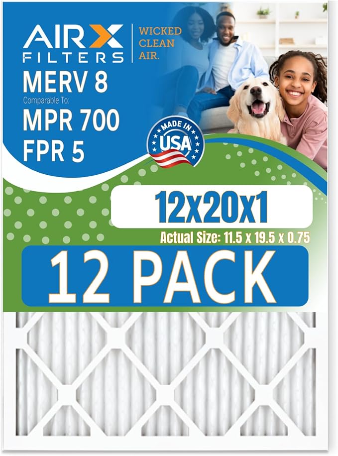 12x20x1 Air Filter MERV 8 Rating, 12 Pack of Furnace Filters Comparable to MPR by AIRXFILTERSWICKEDCLEANAIR