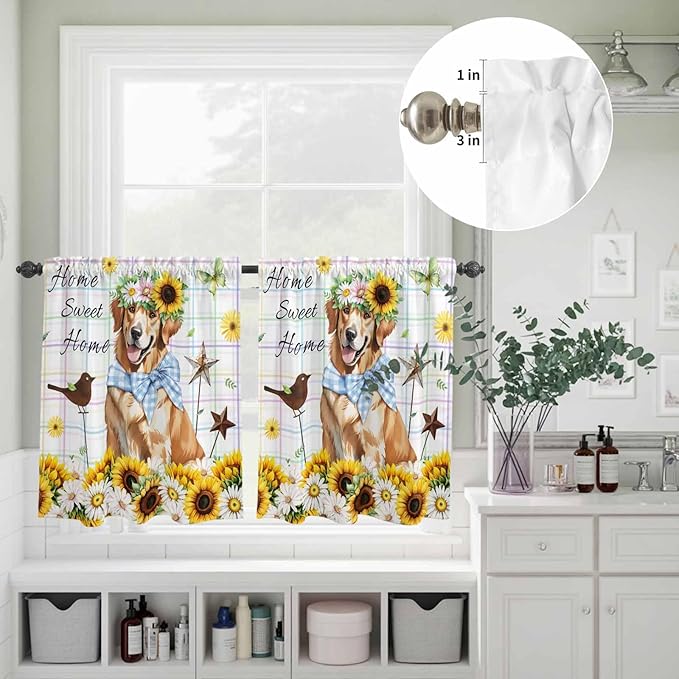 Kitchen Curtains Tiers and Valance Set of 3, Sunflowers Dog Light Filtering - Image 8