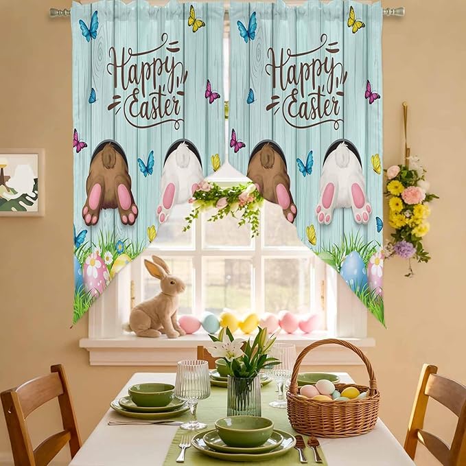 Swag Curtain Valances for Kitchen Windows, Happy Easter Bunny Butt Egg Floral - Image 2