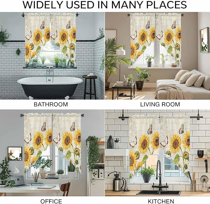 Farm Sunflowers Swag Valances for Windows, Retro Flowers Butterfly Botanical - Image 9