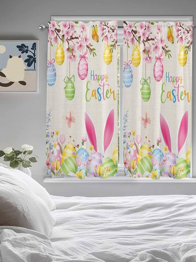 Happy Easter Bedroom Curtains 63 Inches length, Spring Farmhouse Bunny Eggs - Image 5