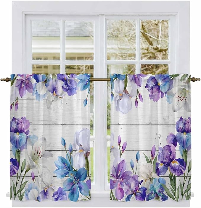 Spring Flowers Kitchen Curtains, Watercolor Garden Florals Wooden Grain Light by Unknown