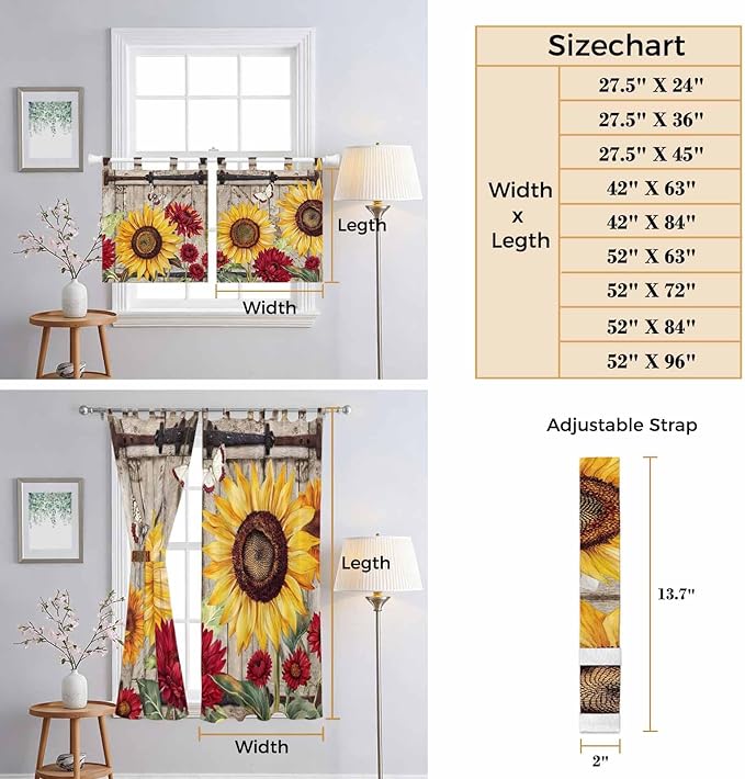 Sunflowers Kitchen Curtains 36 Inch Length, Small Window Curtains Tab Top - Image 8