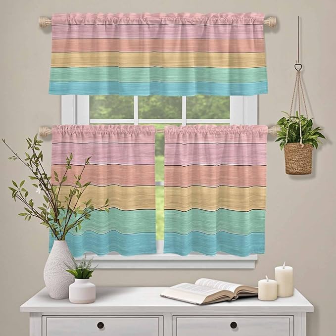 Kitchen Window Curtains Valance and Tier Set, Farm Colorful Wooden Plank Rod - Image 4