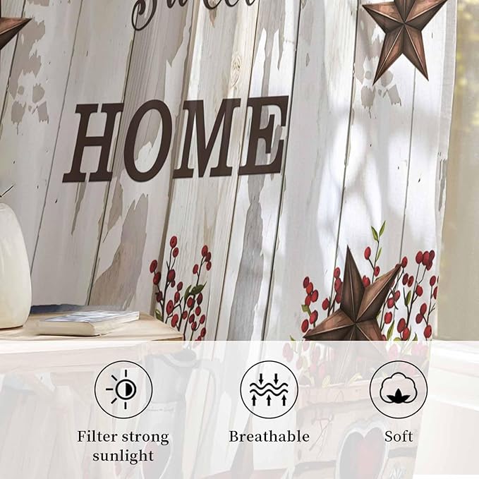 Farmhouse Sheer Curtains 108 Inch Length Retro Country Star Berry Vintage Wood - Image 2