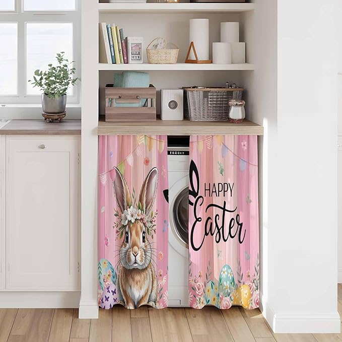 Easter Kitchen Curtains, Spring Rabbit Eggs Flowers Flags Leaves Wood Grain - Image 7