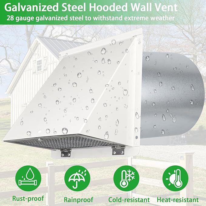 12 Inch Hooded Wall Vent with Screen and Damper, Outdoor Wall Exhaust Cover Cap - Image 4
