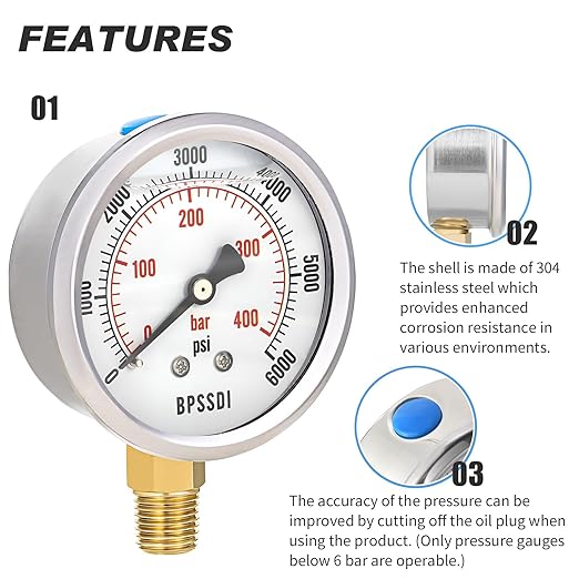 0-6000 Psi Glycerin Liquid Filled Hydraulic High Pressure Gauge, 2.5" Dial Size - Image 4