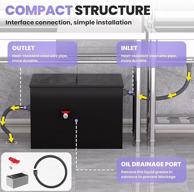 Grease Trap 40 LBS Commercial Carbon Steel Interceptor, 15 GPM Flow Rate Under - Image 4